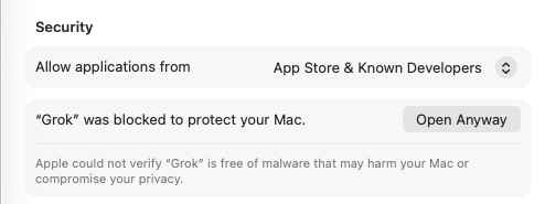 Allow Grok in Security Settings