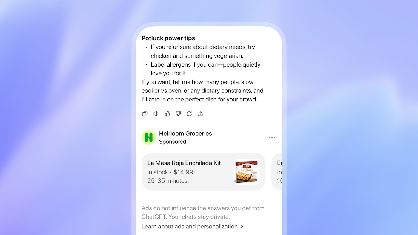 A clearly labeled sponsored listing inside a ChatGPT answer, with a note that ads do not influence answers and chats stay private